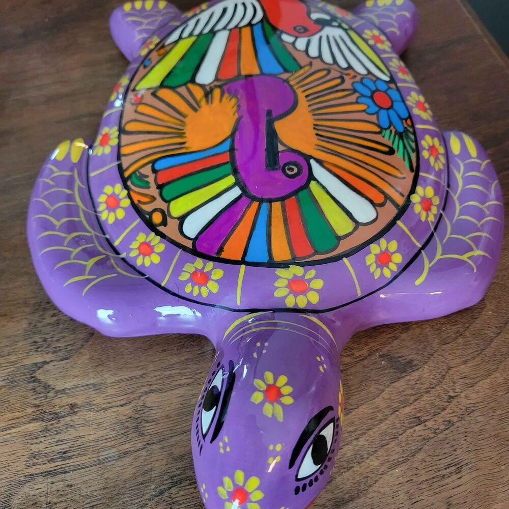 Disney Parks 10.5" Painted Terra Cotta Sea Turtle Vibrant with Birds Mexico